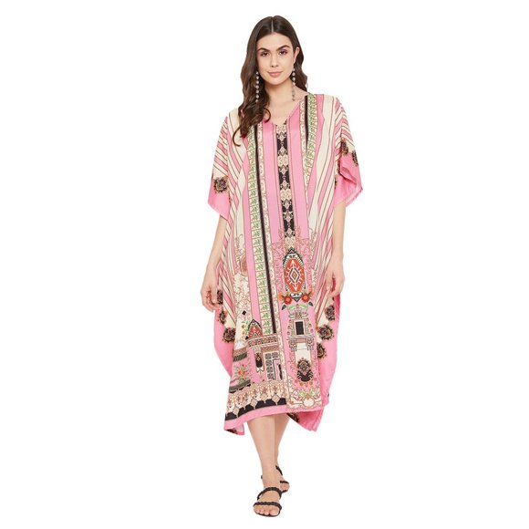 Floral Printed Pink Polyester Plus Size Kimono Kaftan Maxi Dress for Women - Picture 3 of 10